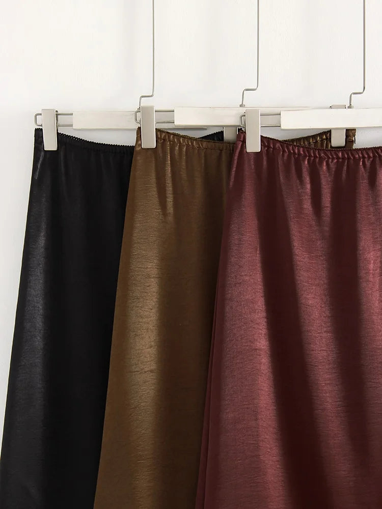 Midi Satin Skirt With Lace Brown Women Summer Office Zipper Skirts A Line Patchwork Satin Silk Skirts Midi Black Luxury Woman