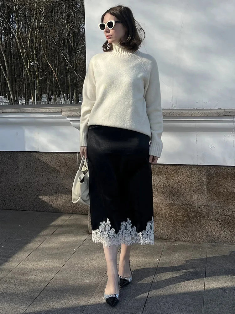 Midi Satin Skirt With Lace Brown Women Summer Office Zipper Skirts A Line Patchwork Satin Silk Skirts Midi Black Luxury Woman