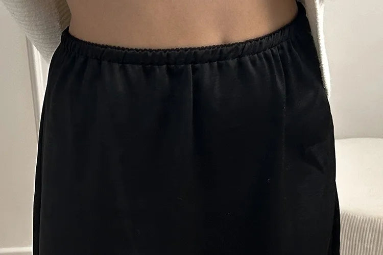 Midi Satin Skirt With Lace Brown Women Summer Office Zipper Skirts A Line Patchwork Satin Silk Skirts Midi Black Luxury Woman