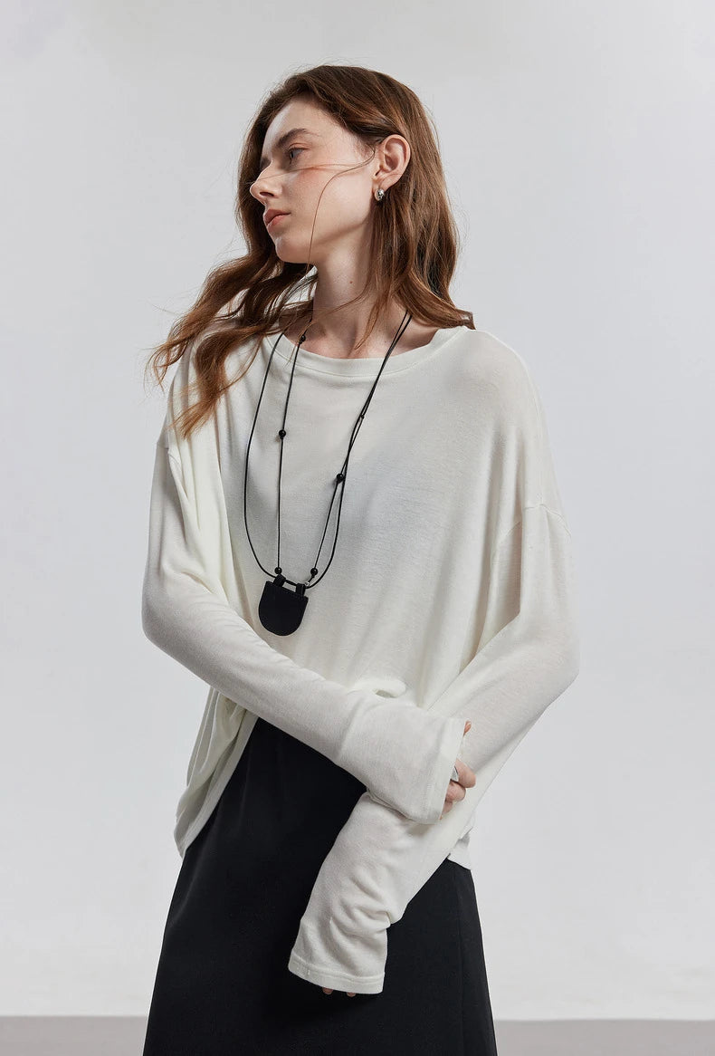 TOYOUTH Women Long Sleeve T-shirt 2025 Spring New Lyocell Wool Versatile Pure Color Pullover Skin Basic Tops