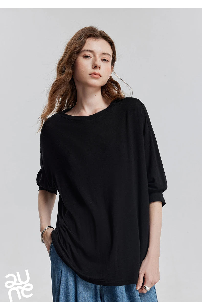 TOYOUTH Women Long Sleeve T-shirt 2025 Spring New Lyocell Wool Versatile Pure Color Pullover Skin Basic Tops