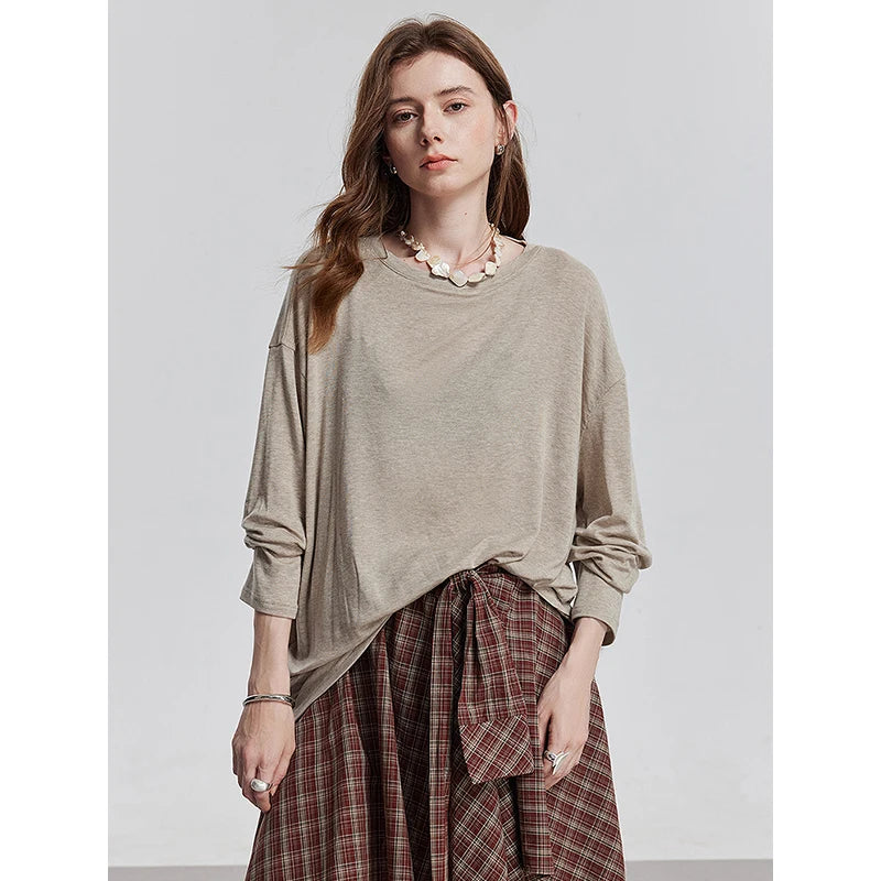 TOYOUTH Women Long Sleeve T-shirt 2025 Spring New Lyocell Wool Versatile Pure Color Pullover Skin Basic Tops