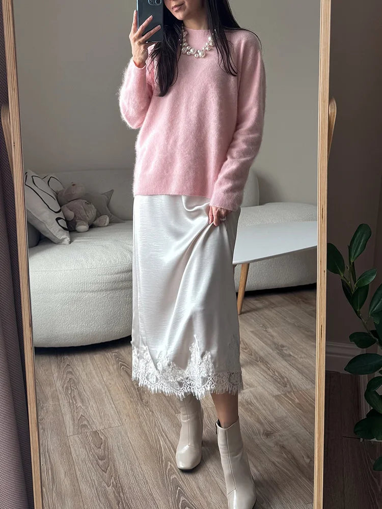 Midi Satin Skirt With Lace Brown Women Summer Office Zipper Skirts A Line Patchwork Satin Silk Skirts Midi Black Luxury Woman
