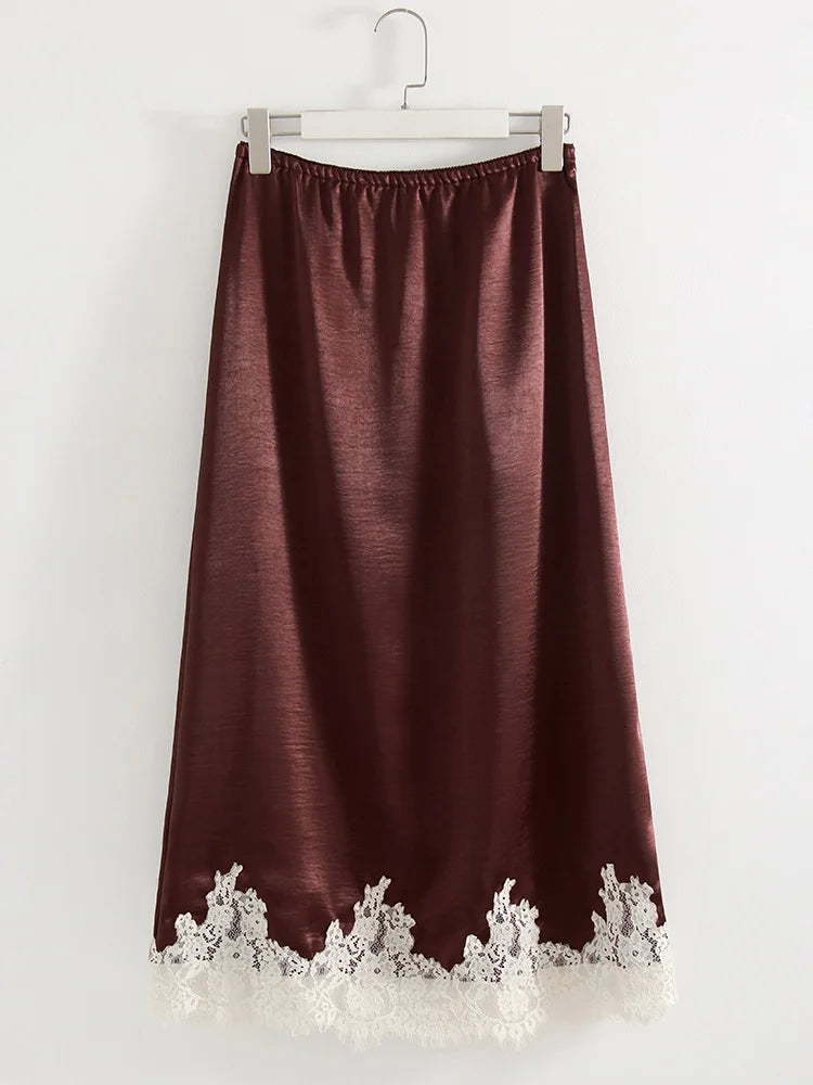 Midi Satin Skirt With Lace Brown Women Summer Office Zipper Skirts A Line Patchwork Satin Silk Skirts Midi Black Luxury Woman
