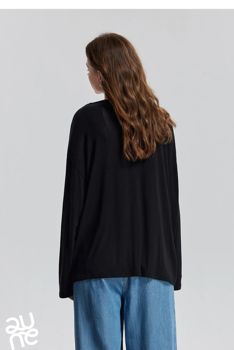 TOYOUTH Women Long Sleeve T-shirt 2025 Spring New Lyocell Wool Versatile Pure Color Pullover Skin Basic Tops