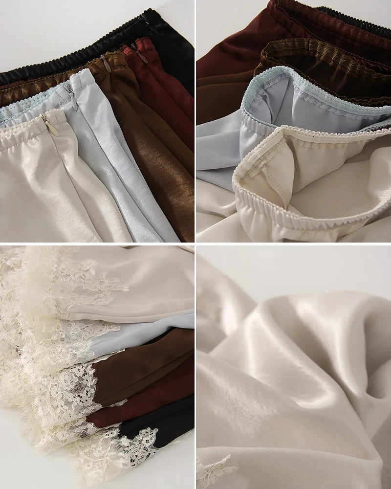 Midi Satin Skirt With Lace Brown Women Summer Office Zipper Skirts A Line Patchwork Satin Silk Skirts Midi Black Luxury Woman