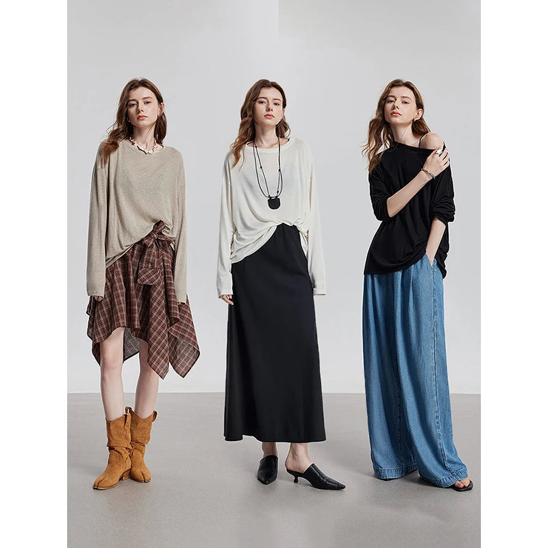 TOYOUTH Women Long Sleeve T-shirt 2025 Spring New Lyocell Wool Versatile Pure Color Pullover Skin Basic Tops