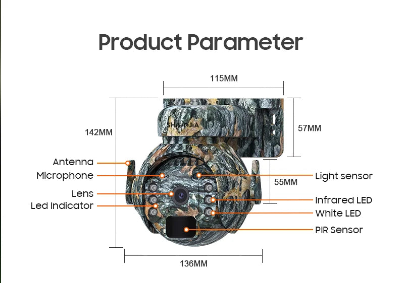 SHIWOJIA 5MP 4G Solar Cameras 4G Sim/WIFI Wireless Outdoor 360° View Animal Monitoring Camouflage Color Solar Battery PTZ Camera