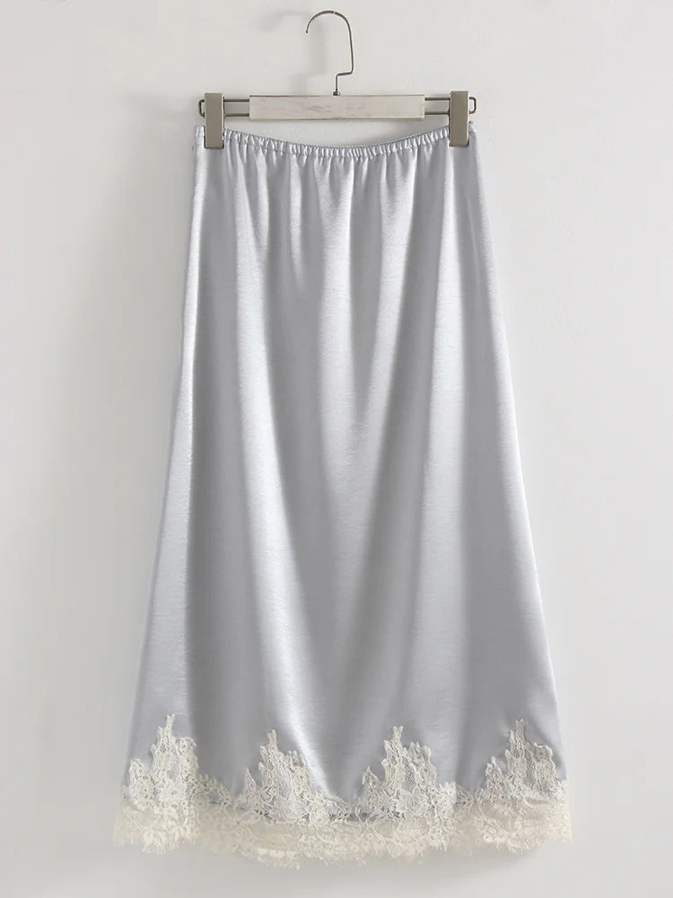 Midi Satin Skirt With Lace Brown Women Summer Office Zipper Skirts A Line Patchwork Satin Silk Skirts Midi Black Luxury Woman