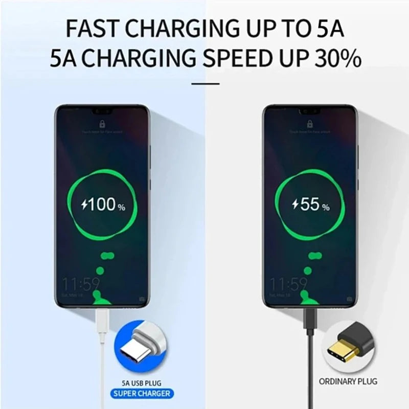 QCMAX 1-3PCS 10A 100W Type C Super Fast Charging Cable Data Cord For Huawei OPPO vivo iQoo Quick Charing USB C Cables