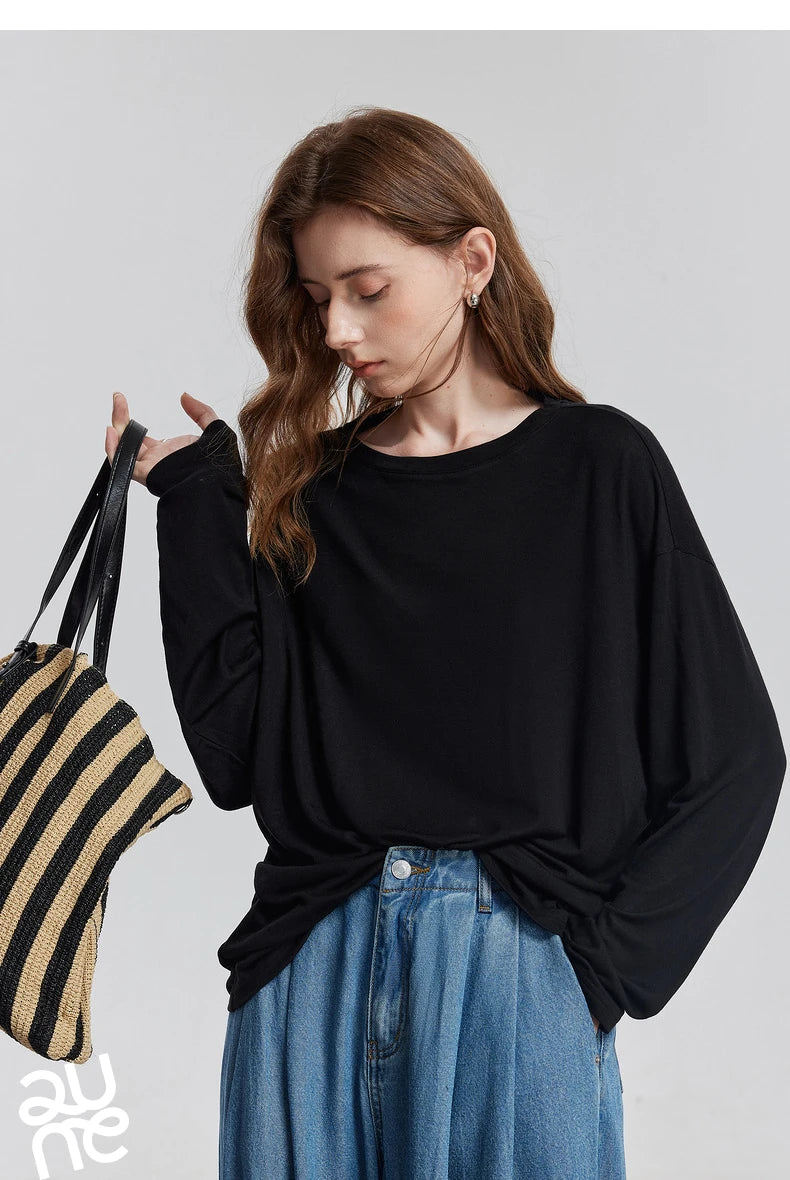 TOYOUTH Women Long Sleeve T-shirt 2025 Spring New Lyocell Wool Versatile Pure Color Pullover Skin Basic Tops