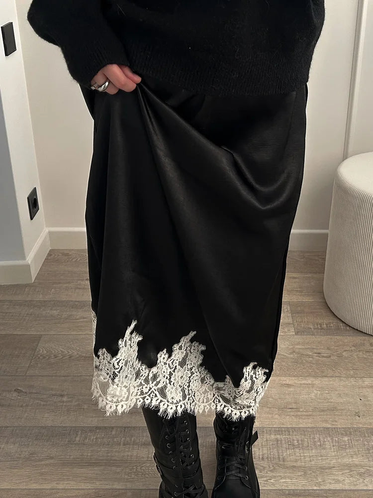 Midi Satin Skirt With Lace Brown Women Summer Office Zipper Skirts A Line Patchwork Satin Silk Skirts Midi Black Luxury Woman