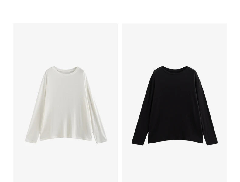 TOYOUTH Women Long Sleeve T-shirt 2025 Spring New Lyocell Wool Versatile Pure Color Pullover Skin Basic Tops