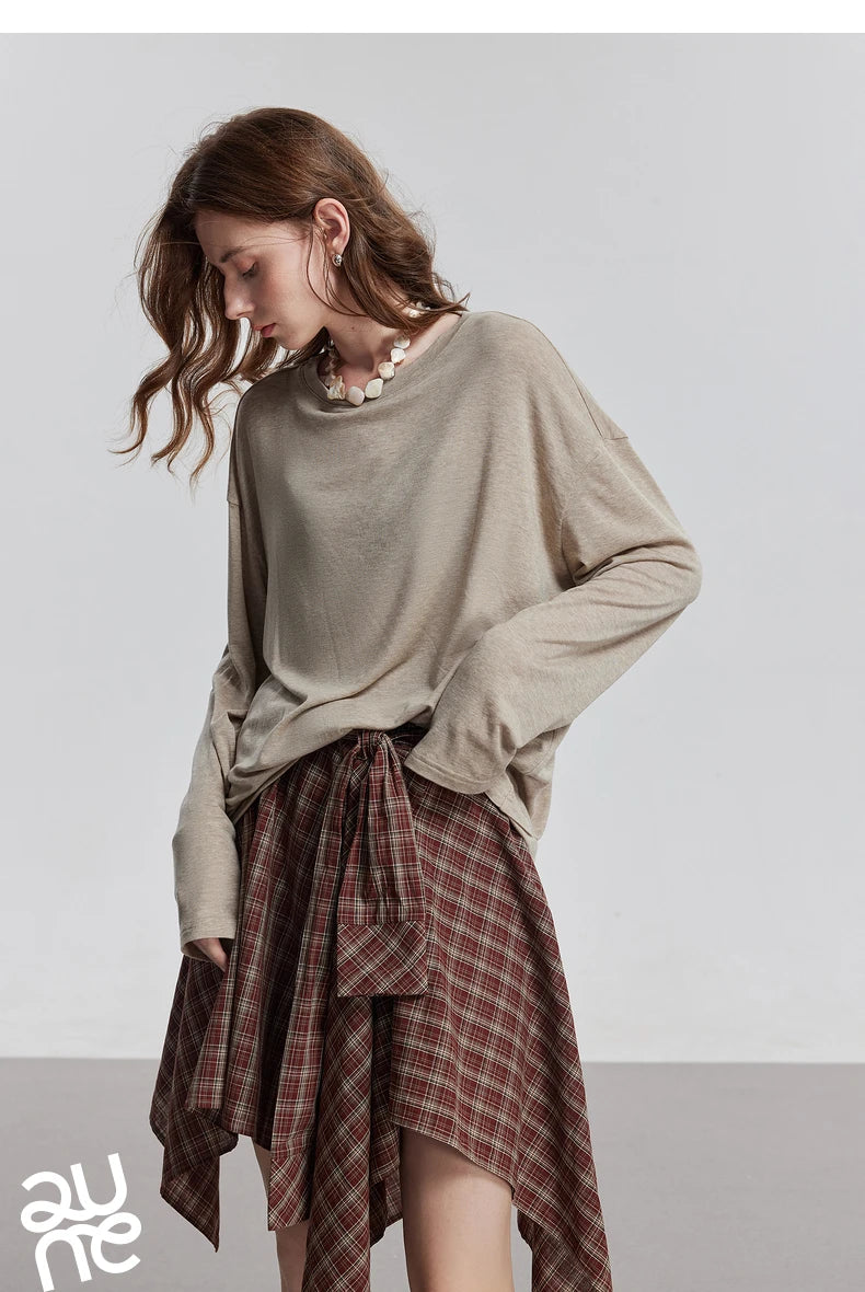 TOYOUTH Women Long Sleeve T-shirt 2025 Spring New Lyocell Wool Versatile Pure Color Pullover Skin Basic Tops