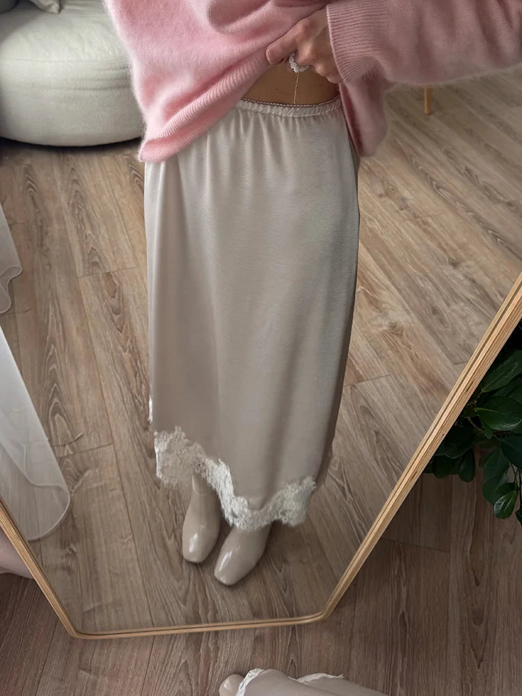 Midi Satin Skirt With Lace Brown Women Summer Office Zipper Skirts A Line Patchwork Satin Silk Skirts Midi Black Luxury Woman