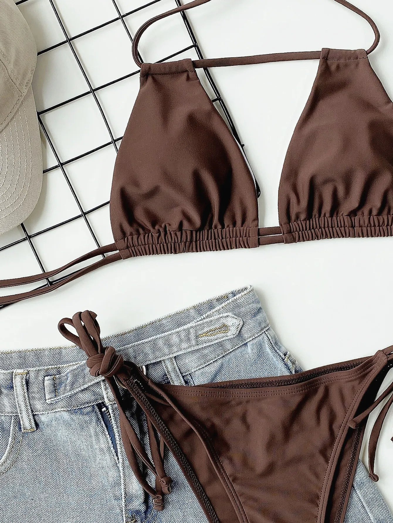 2025 Sexy Solid Bandage Bikini Halter Strappy Swimwear Women Swimsuit Female Two Pieces Bikini Set Low Waist Bathing Suit Bather