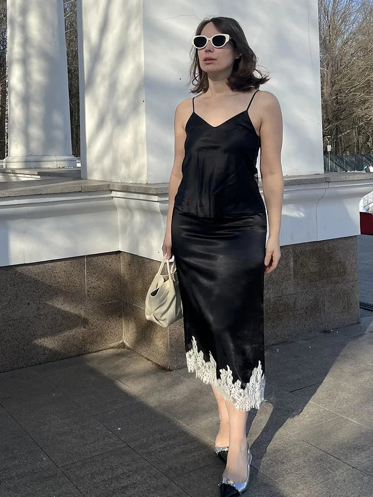 Midi Satin Skirt With Lace Brown Women Summer Office Zipper Skirts A Line Patchwork Satin Silk Skirts Midi Black Luxury Woman
