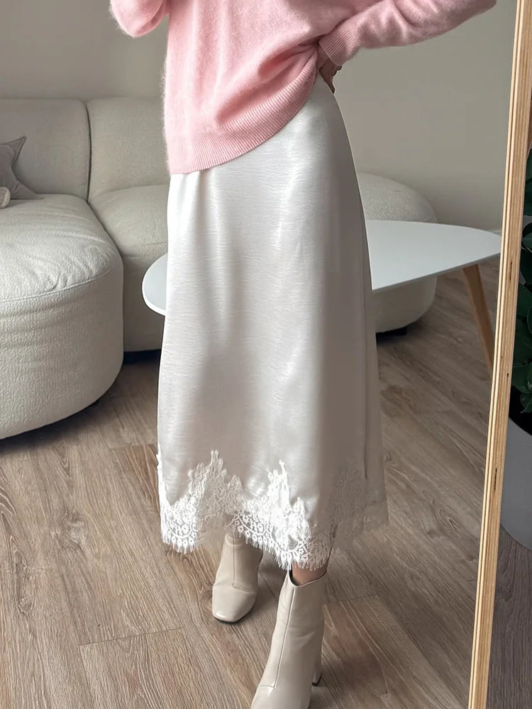 Midi Satin Skirt With Lace Brown Women Summer Office Zipper Skirts A Line Patchwork Satin Silk Skirts Midi Black Luxury Woman