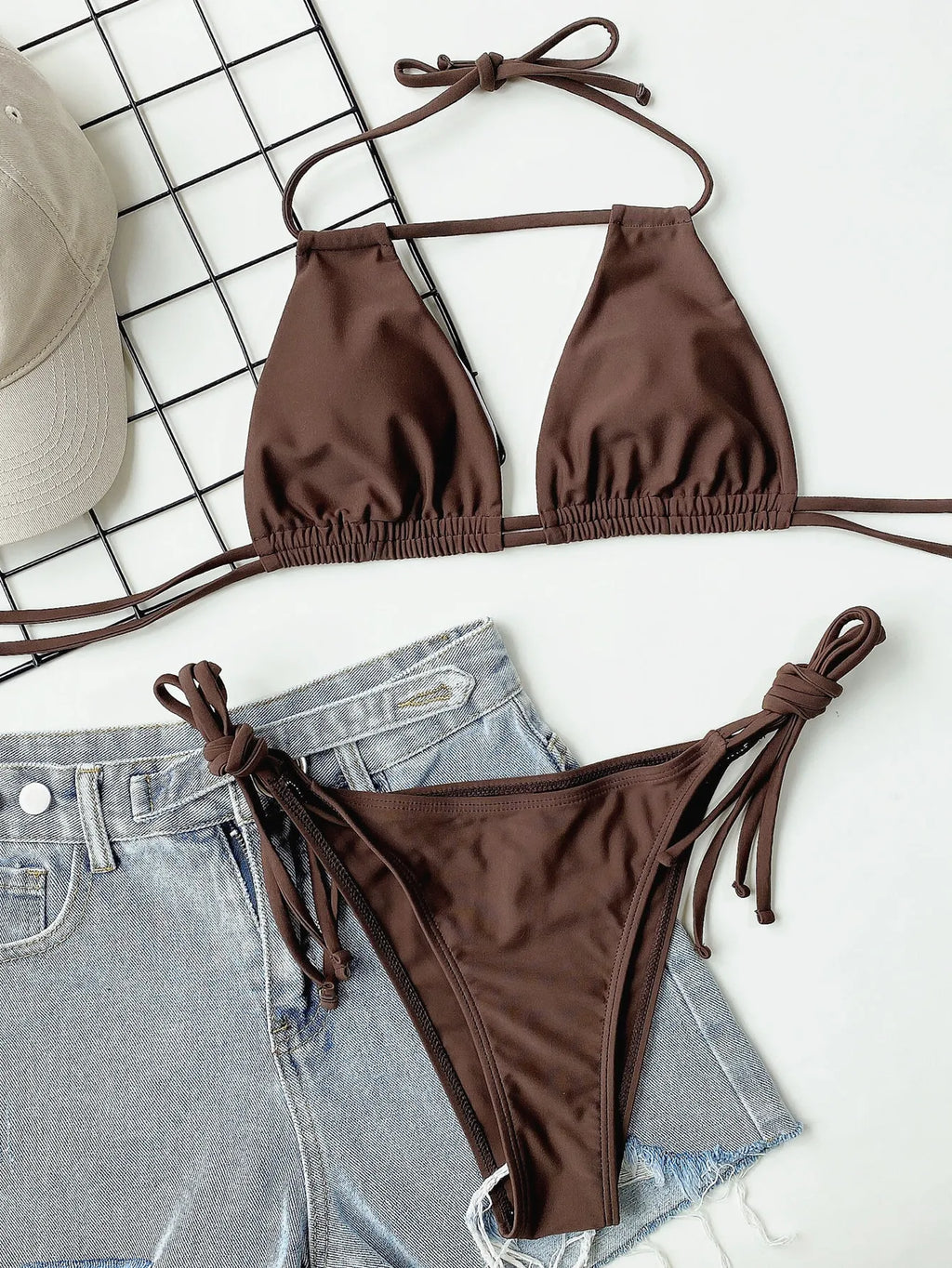 2025 Sexy Solid Bandage Bikini Halter Strappy Swimwear Women Swimsuit Female Two Pieces Bikini Set Low Waist Bathing Suit Bather