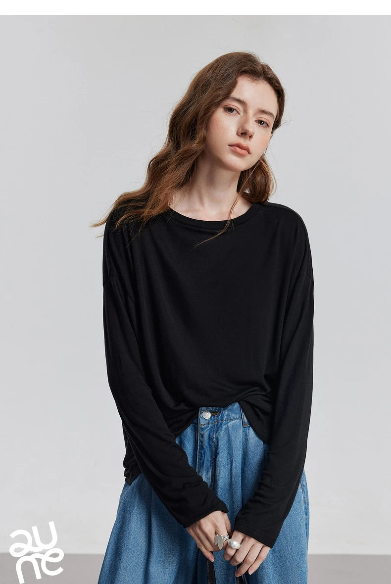 TOYOUTH Women Long Sleeve T-shirt 2025 Spring New Lyocell Wool Versatile Pure Color Pullover Skin Basic Tops